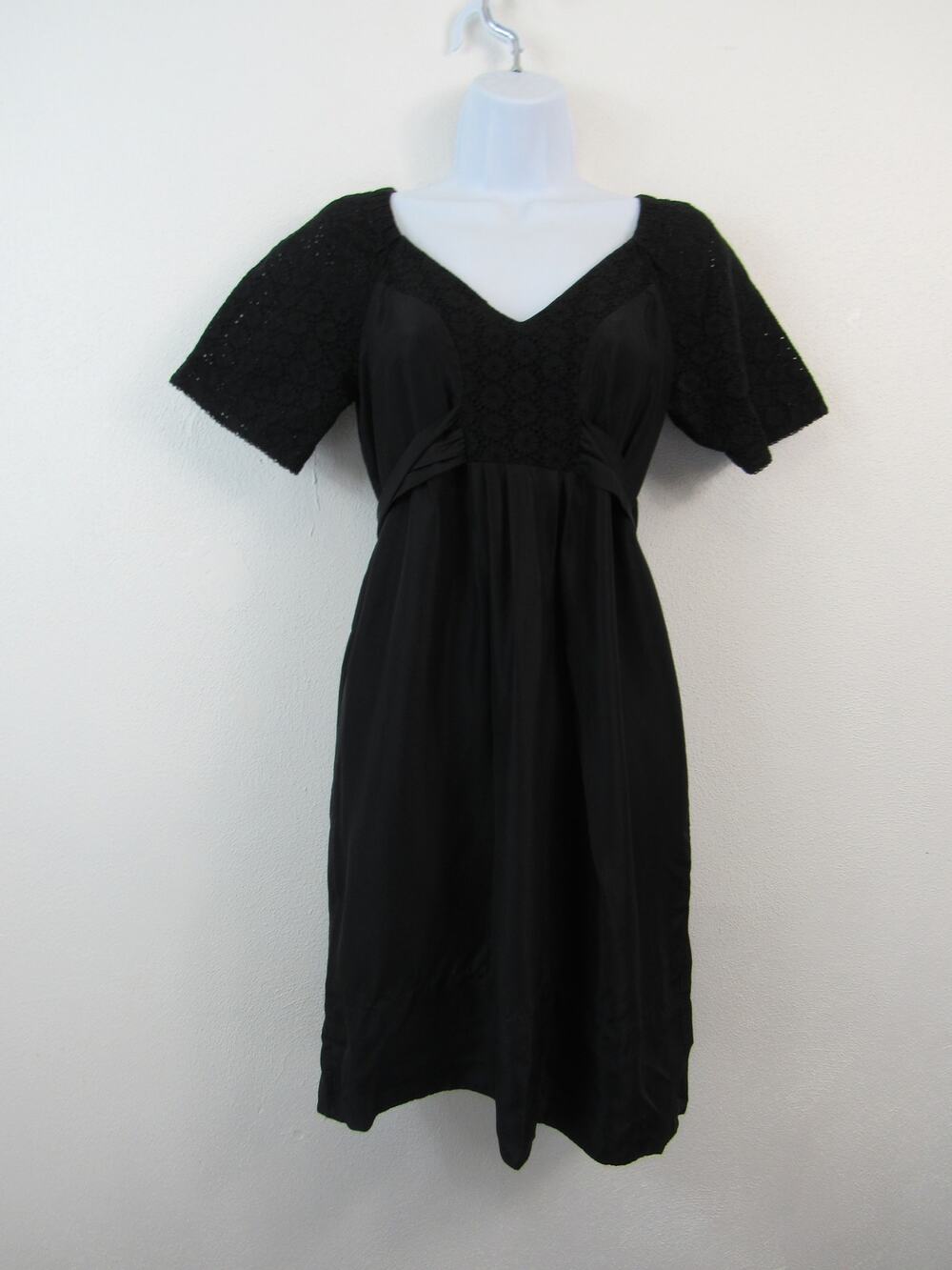 Banana Republic Size 2 Black Silk Tie Back Dress Short Sleeve Eyelet Cuts